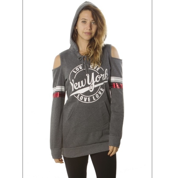 LAST ONE‼️ GRAY/RED LOVE NEW YORK COLD SHOULDER HOODED SWEATSHIRT Sz Women’s XL - Picture 2 of 6